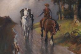 George Mortram Moorhouse, boy with horses and caravan on a country road, signed pastel drawing, 12½"