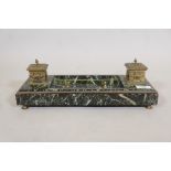 A C19th French vert de mer marble and brass mounted desk stand fitted with two inkwells and pen