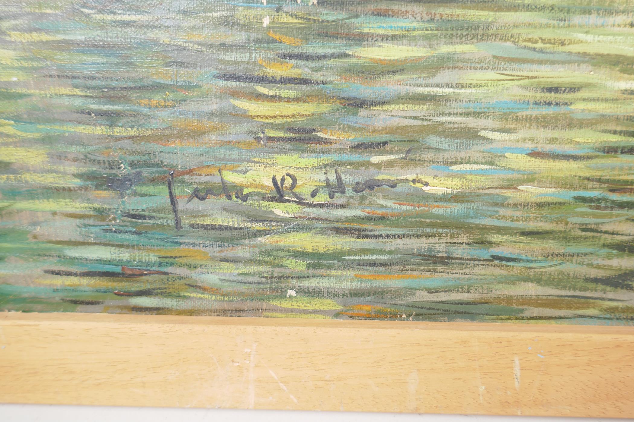 After Jules R. Herve, Impressionist view down the Seine with the Eiffel Tower in the distance, 28" x - Image 3 of 4