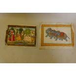 An Indian watercolour on silk, a courting couple in a garden, and another of a procession of