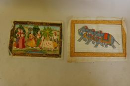 An Indian watercolour on silk, a courting couple in a garden, and another of a procession of