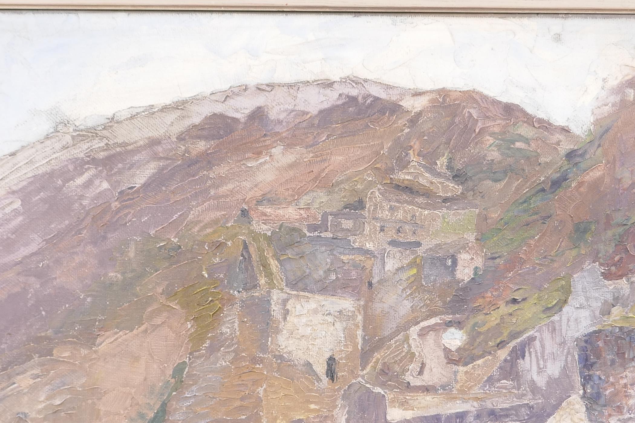 Fran Sutton, a cliff side ruin, signed, oil on board, 20" x 15½" - Image 2 of 5