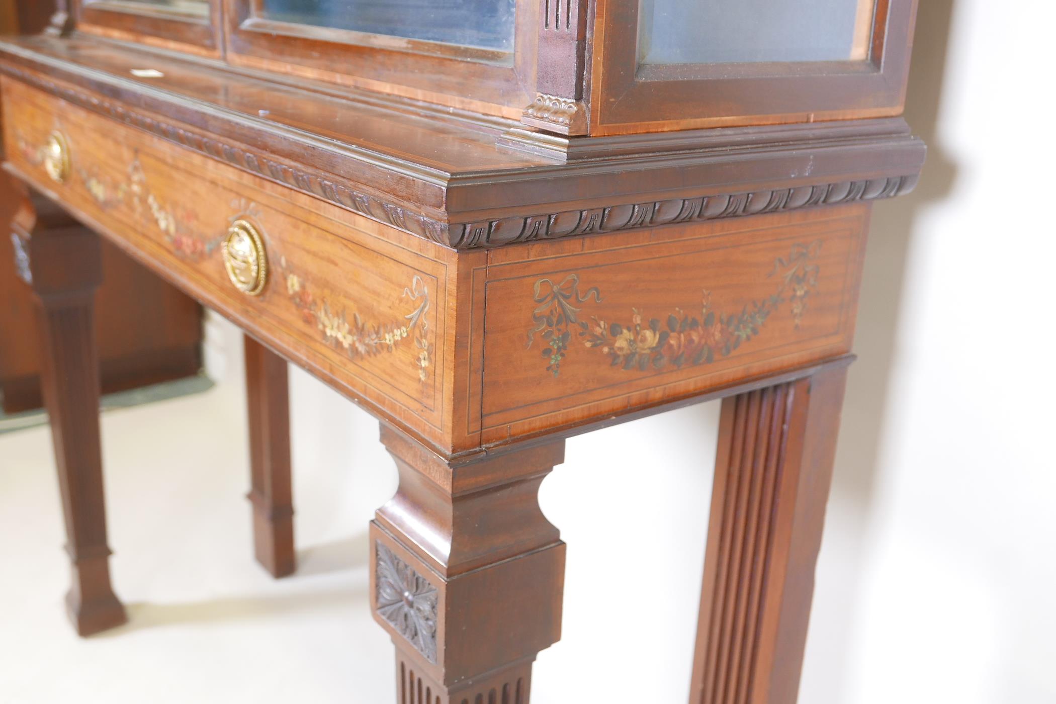 A C19th mahogany two section mahogany display cabinet, with satinwood banded inlay and painted - Image 8 of 8