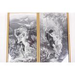 A pair of silk pictures of classical figures, monogram N F, 7½" x 14"