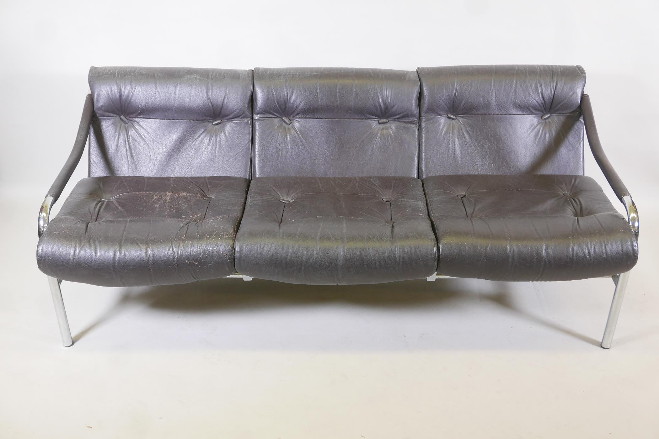 A 1970s Pieff 'Beta' leather and chrome three seat sofa designed by Tim Bates, 68" x 30", 27" high - Image 2 of 4