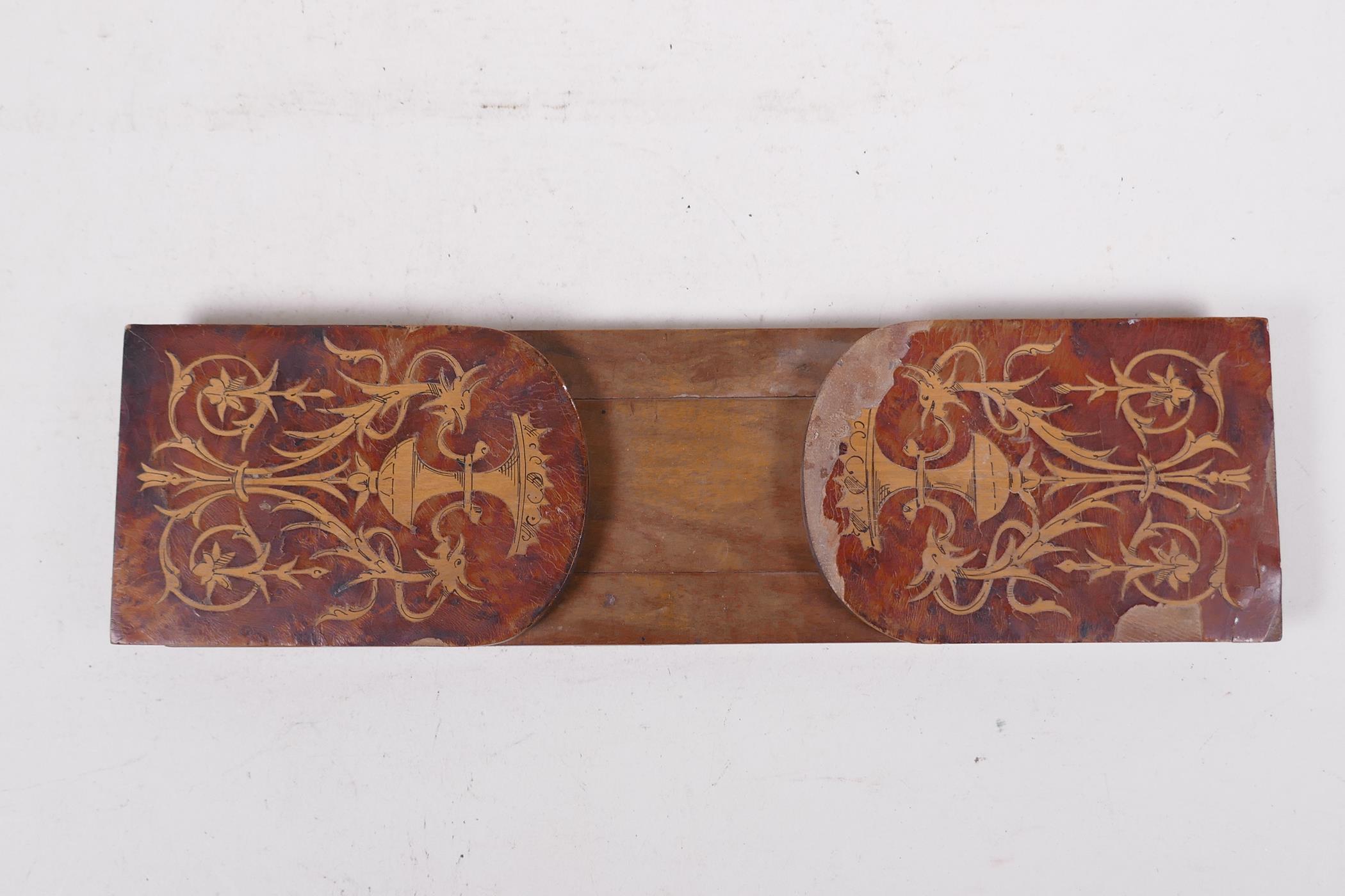 A mid C19th inlaid walnut bookslide, losses to veneer, 17½" long extended - Image 4 of 6