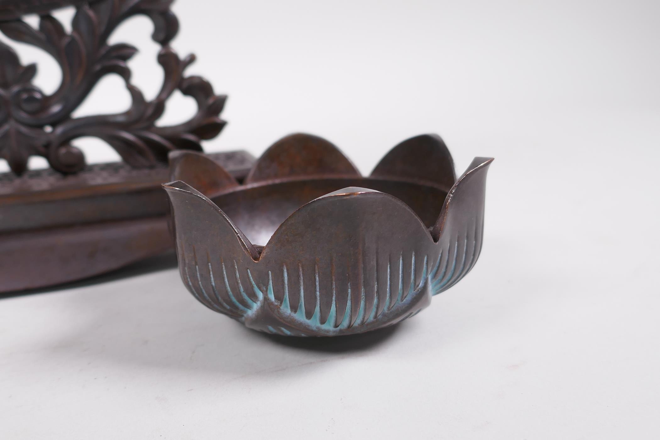 An Oriental bronze hanging incense burner in the form of a lotus flower, 10" high - Image 3 of 4