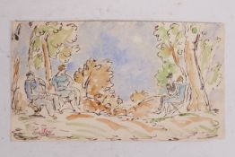 Figures seated in a park, stamped signature 'Casson', unframed ink and watercolour, 6" x 11"