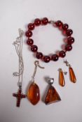 A collection of amber jewellery with silver mounts