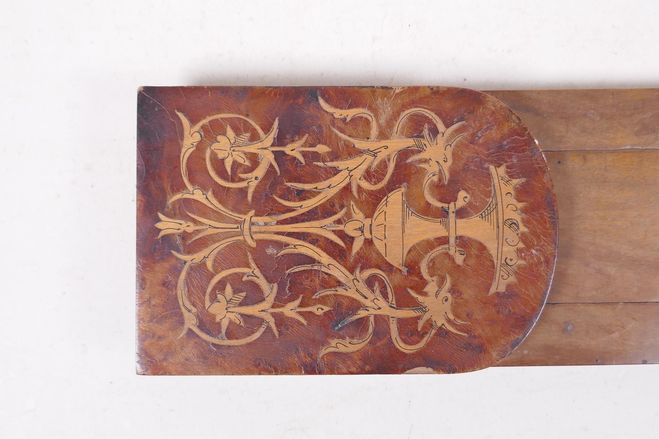 A mid C19th inlaid walnut bookslide, losses to veneer, 17½" long extended - Image 5 of 6