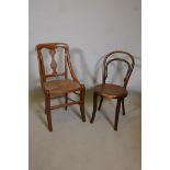 A child's bentwood chair together with a child's fruitwood splat back chair with rush seat, 28" high