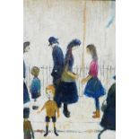 After Lowry, figures passing in a street, oil on board, 12" x 16"