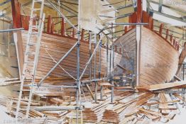 Ben Manchipp, Pilot cutter montage, boat building workshop, watercolour, pencil signed, 19" x 16",