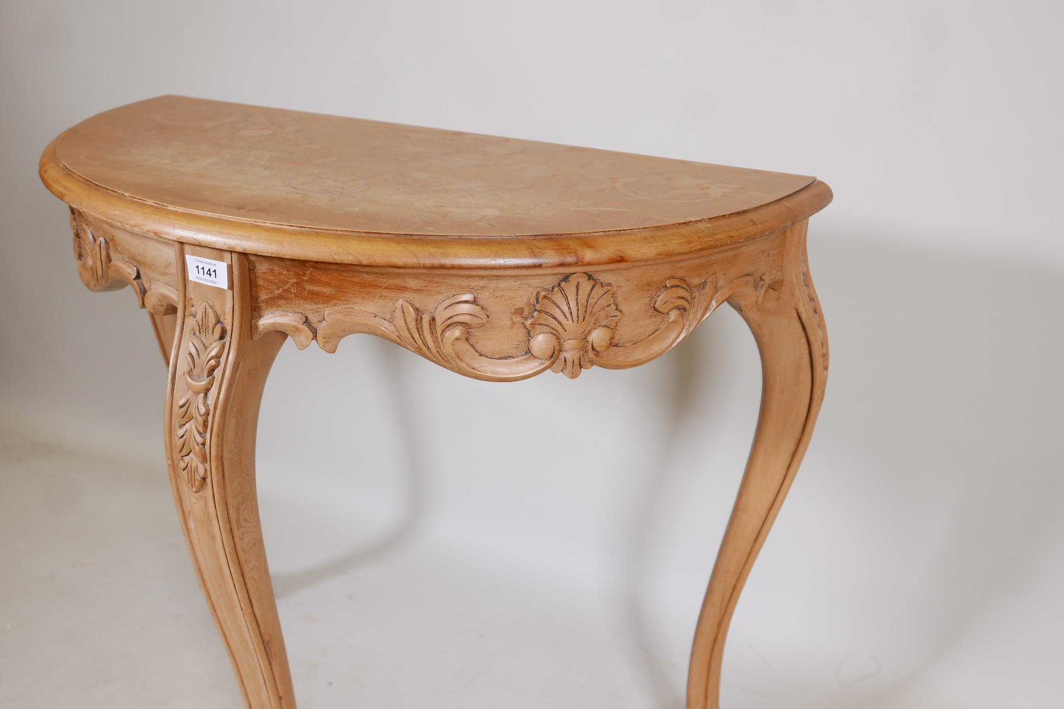 A pine demi lune console table, with carved frieze, raised on cabriole supports, 32" x 16" x 30" - Image 2 of 2