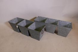 A pair of three section galvanised plant troughs, 9" x 9" x 7"