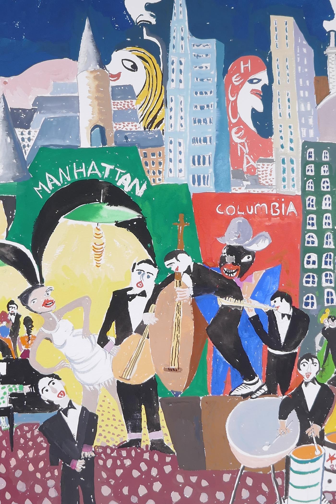 Possibly Christopher Corr, Jazzing it in New York, unsigned, gouache, unframed, 22" x 22½" - Image 3 of 6