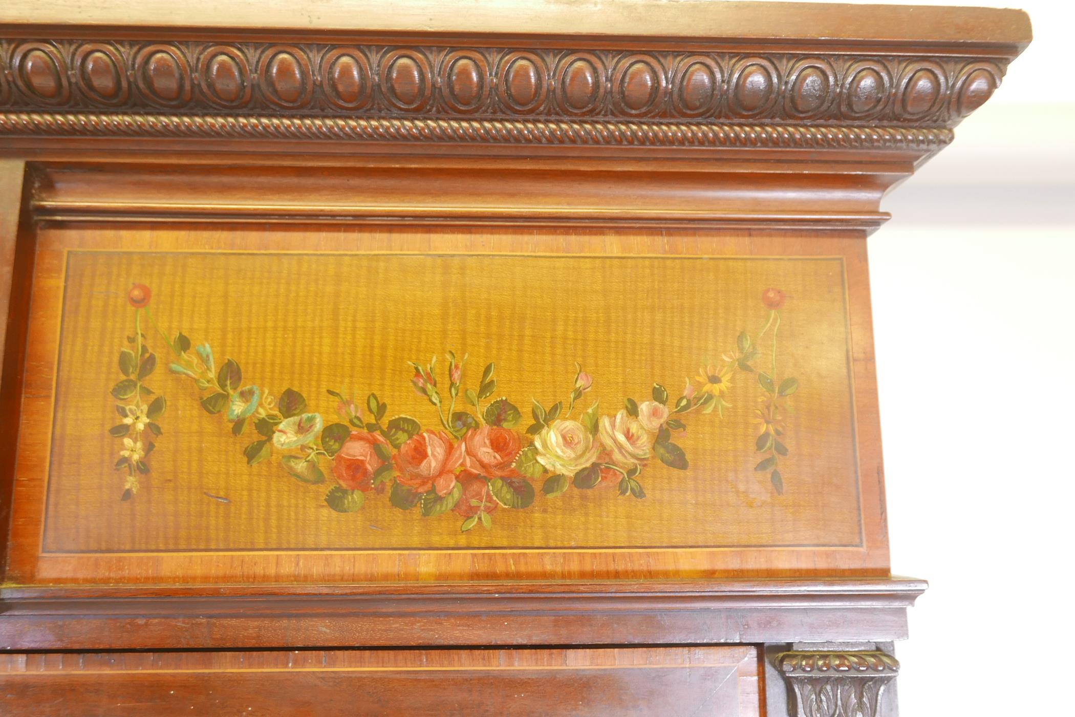 A C19th mahogany two section mahogany display cabinet, with satinwood banded inlay and painted - Image 5 of 8