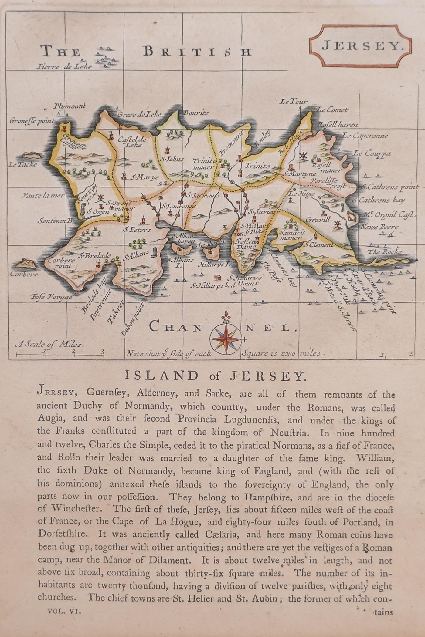 An C18th handcoloured engraved map of Jersey from Grose's The Antiquities of England & Wales,