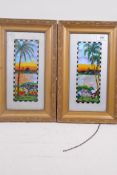 A pair of butterfly membrane pictures of tropical islands, 4" x 9½"