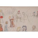 A mixed media drawing of 1920s partygoers, 12" x 10", the back signed Monica Boldero, 1920s