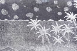 An etched glass panel of flowers in a desert scene signed Florous, 26" x 18"