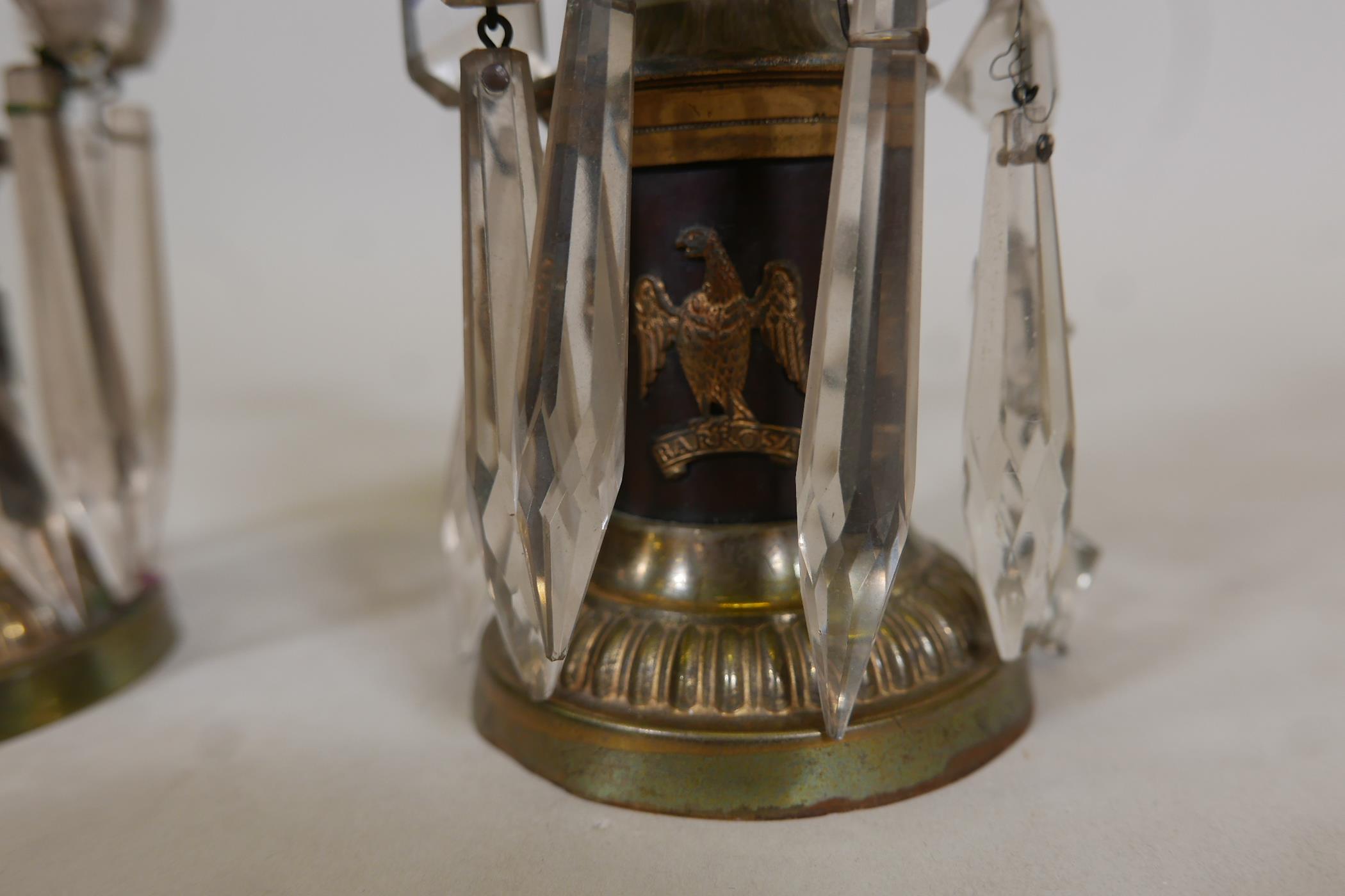 A pair of C19th bronze and ormolu mounted candlesticks with glass lustre drops and applied - Image 2 of 4