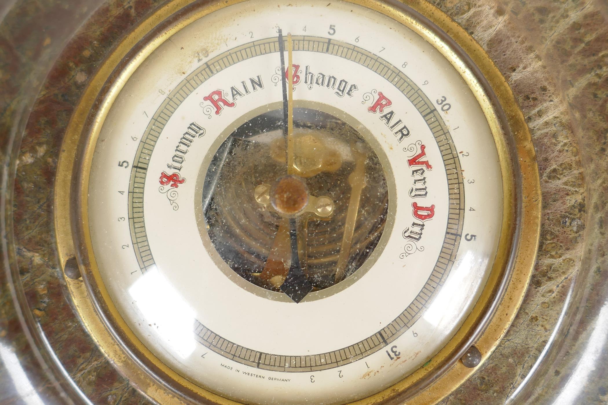 A set of Boots iron kitchen scales with brass pan and four brass bell weights, and a barometer - Image 5 of 6