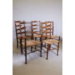 A set of five early C20th ladderback chairs with rush seats, A/F damaged stretchers and seat rails