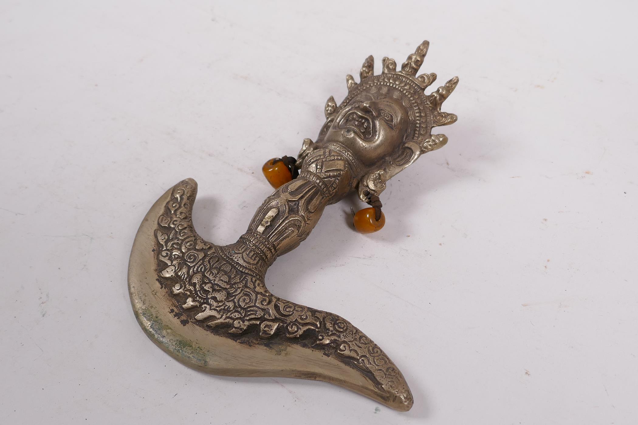A Sino-Tibetan bronzed metal kartika, the handle decorated with a wrathful deity - Image 3 of 3