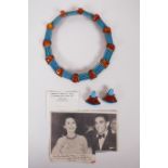 An Egyptian Faience and amber collar necklace set in Egyptian silver with matching clip earrings,