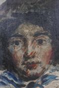 Portrait of a child, signed John ?, oil on board, 10" x 12"