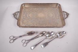 A silver plated engraved gallery tray with cast handles, 16" x 11", together with two pairs of salad