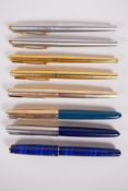 Eight assorted Parker fountain pens, some with 14k nibs, one A/F