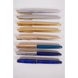 Eight assorted Parker fountain pens, some with 14k nibs, one A/F