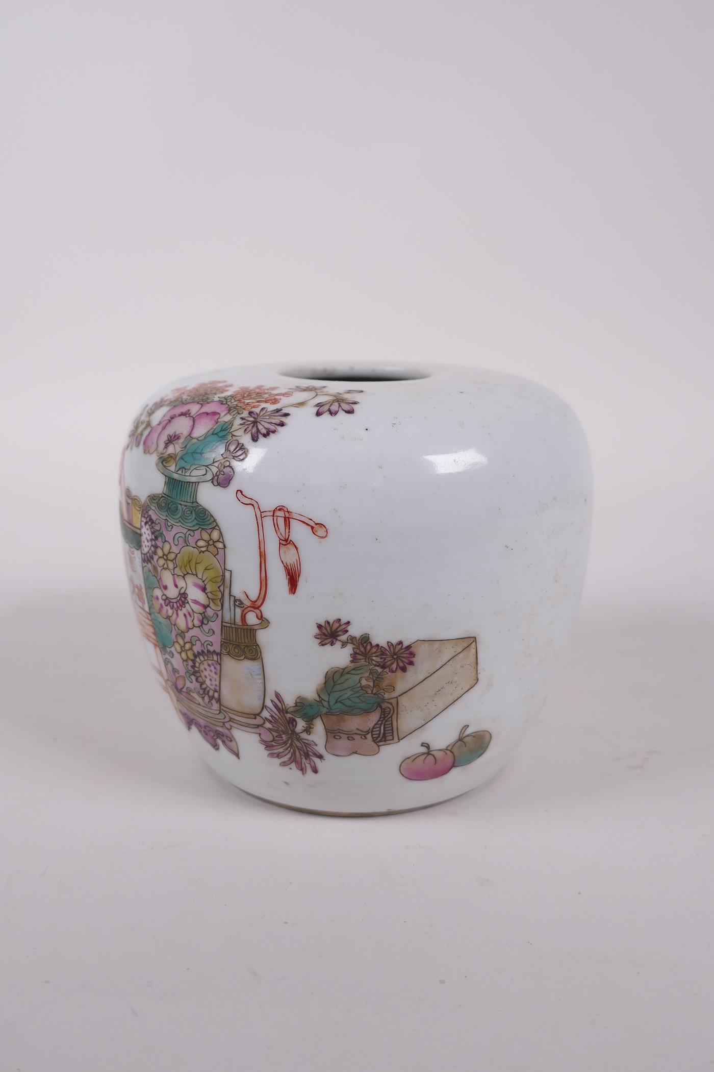 A late C19th/early C20th Chinese famille rose porcelain water pot, decorated with objects of virtue, - Image 4 of 5