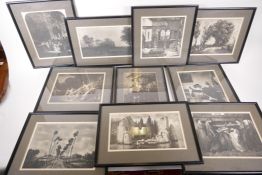 Ten framed black and white prints of works by master artists including Rosetti, Boucher, Corot,