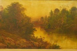 Chas Hall, C19th river landscape with anglers, signed, oil on canvas in a good giltwood and
