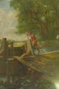 Rural scene with canal lock keepers, oil on panel, 8" x 10"