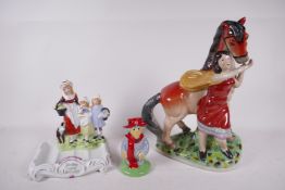 A Continental porcelain figure, girl with a horse, 11" high, together with a Yardley soap