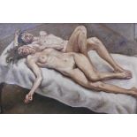 In the manner of Lucian Freud, two nudes on a bed, oil on board, 27" x 19"