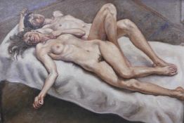In the manner of Lucian Freud, two nudes on a bed, oil on board, 27" x 19"