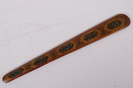 A Kashmiri lacquered page turner decorated with Islamic  script, 16" long