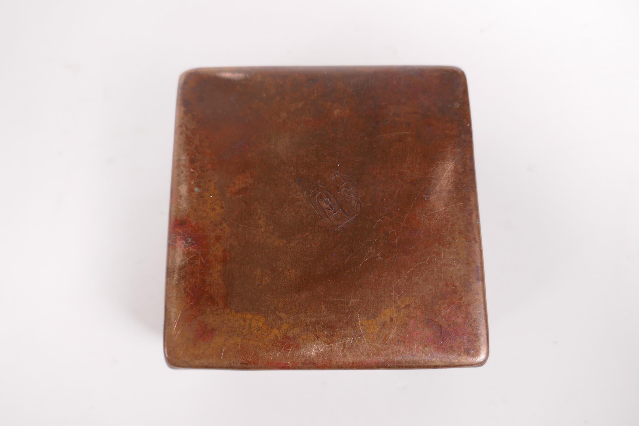 A bronzed copper ink box with repousse dragon decoration to the cover, impressed mark to base, - Image 3 of 3