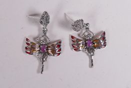 A pair of silver and plique a jour dragonfly drop earrings