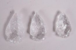 Three rock crystal arrowheads, 2" long