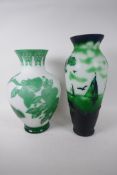 A Peking glass vase with cut green overlay, 10" high, together with a Galle style green overlay