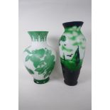 A Peking glass vase with cut green overlay, 10" high, together with a Galle style green overlay