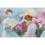 In the manner of John Strevens, impressionist market scene with a flower seller, oil on canvas