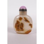 A Chinese agate snuff bottle with carved figural decoration, 2" high