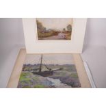 Figures on a river bank, signed Mac W, and a study of a boat in an estuary, signed E.M. Fry, both